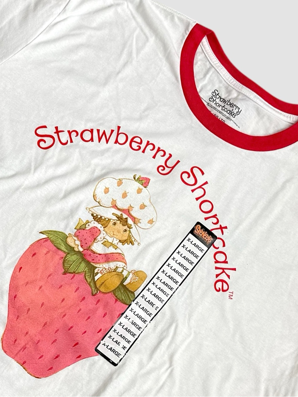 Strawberry Shortcake Ringer Graphic Tee Womens XL White Pink Cartoon Shirt